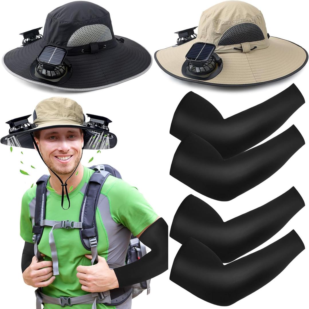 2 Set Wide Brim Solar Fan Hats with 2 Solar Fan and Arm Sleeves Set Outdoor Fishing Bucket Hat for Men Women Hiking (Dark Grey and Khaki)
