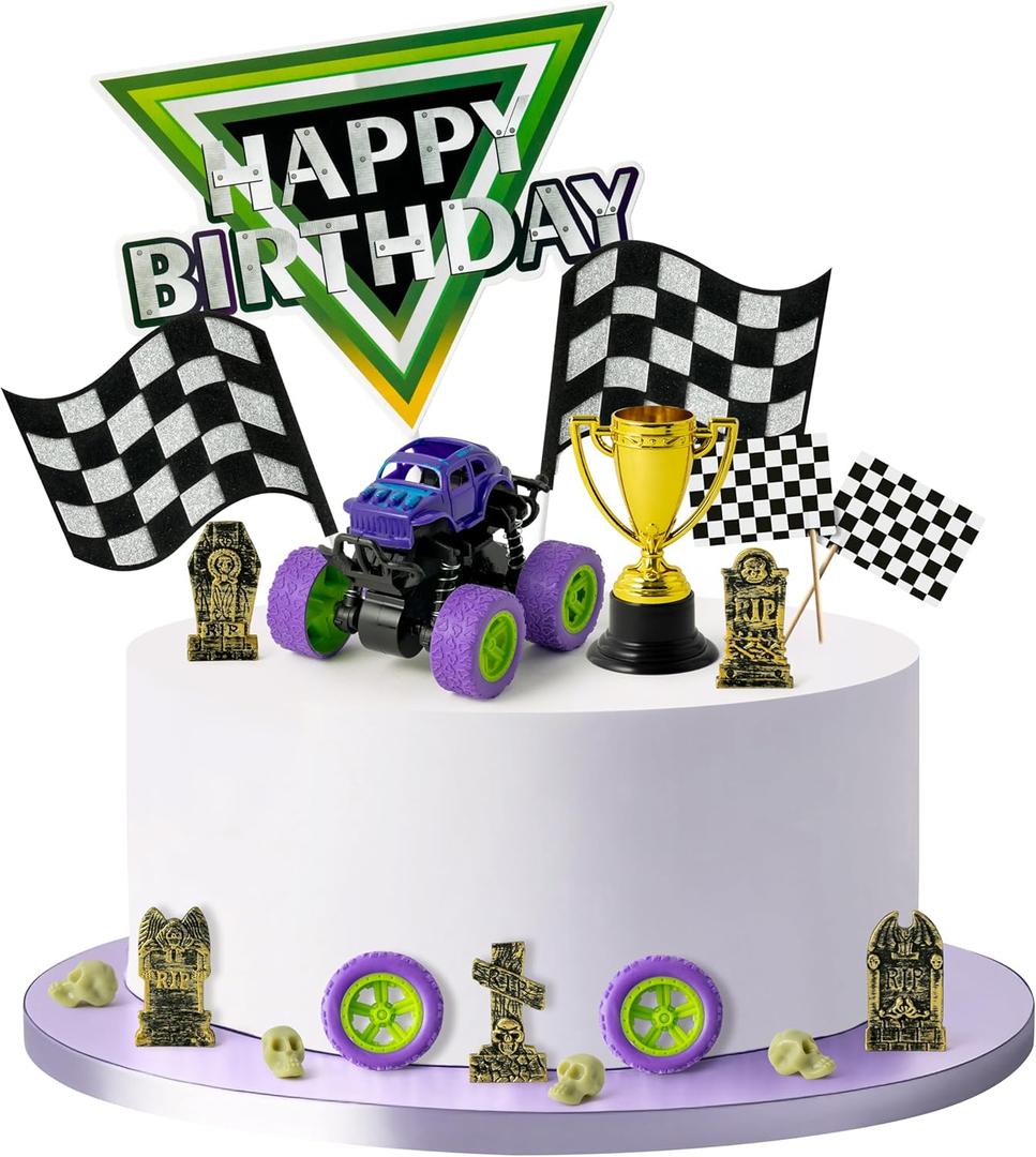 Haooryx Monster Truck Cake Topper - 40Pcs Green and Purple Monster Truck Cake Decoration Racing Car Dessert Cupcake Topper for Kid Boy Birthday Truck Theme Party Baby Shower Table Decoration Supply