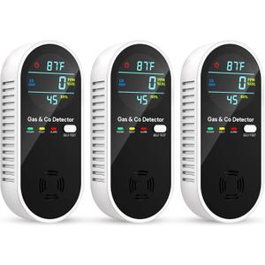 Carbon Monoxide Detectors & Natural Gas Detector, 4-in-1 Carbon Monoxide Detectors Plug in, Gas Leak Detector with Dual Alarms, Temperature & Humidity Sensor for Home, RV, Black, 3 Packs