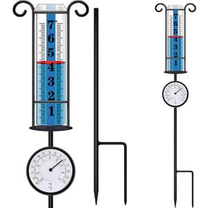 JMBay Rain Gauge Outdoor with Thermometer, Rain Gauges Outdoors Best Rated, Large Font Rain Measure Gauge for Yard, Rain Water Meter with Thickened Plastic Tube and Duralbe Metal Stake for Patio,Lawn