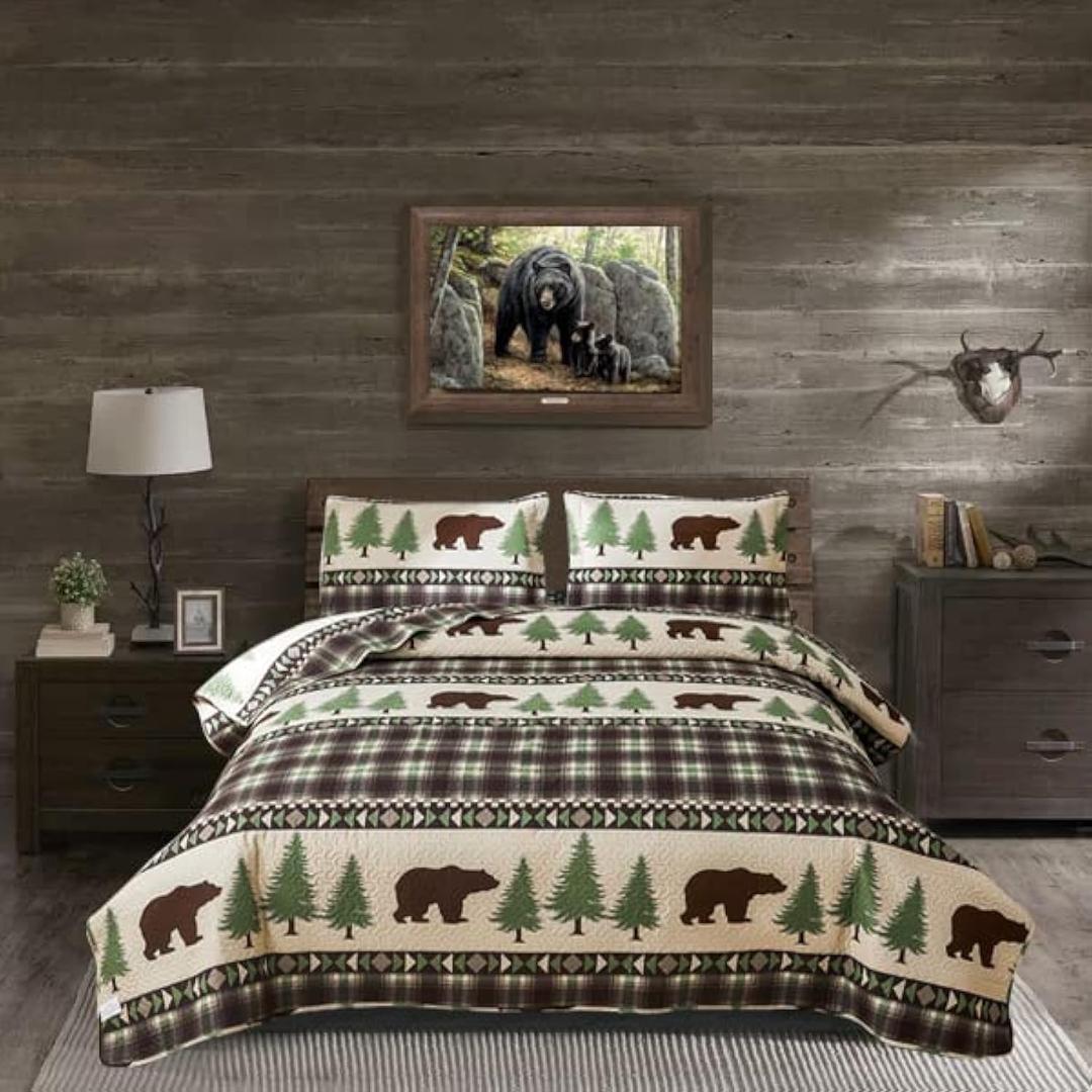 Rustic King Size Quilt Set - Lodge Bedding with Plaid Quilts, Lightweight Reversible Bedspread, and 2 Pillow Shams (King(Quilt 108"*96"), Brown Plaid Bear)
