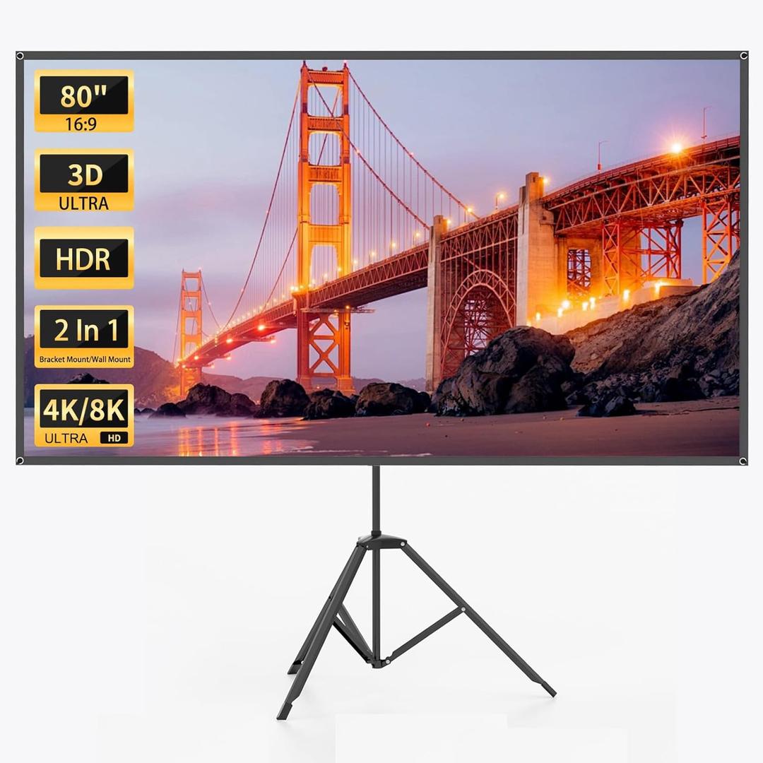 WASJOYE 80" Projector Screen with Stand - 16:9 4K HD Portable Proiector Screen, 1.2 Gain Outdoor Projector Screen, Easy Setup and Carrying, for Home Cinema, Backyard Party Office TV Game