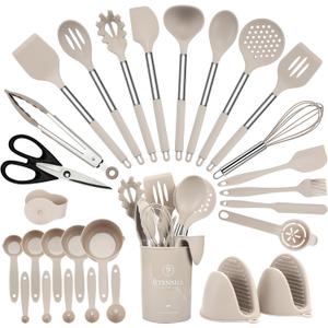 Kitchen Utensils Set, Heat-Resistant Non-Stick Silicone Cooking Utensils Set with Stainless Steel Handle, Dishwasher Washable Kitchen Spatula Tools for Cooking and Serving, 28 Pcs (Khaki)
