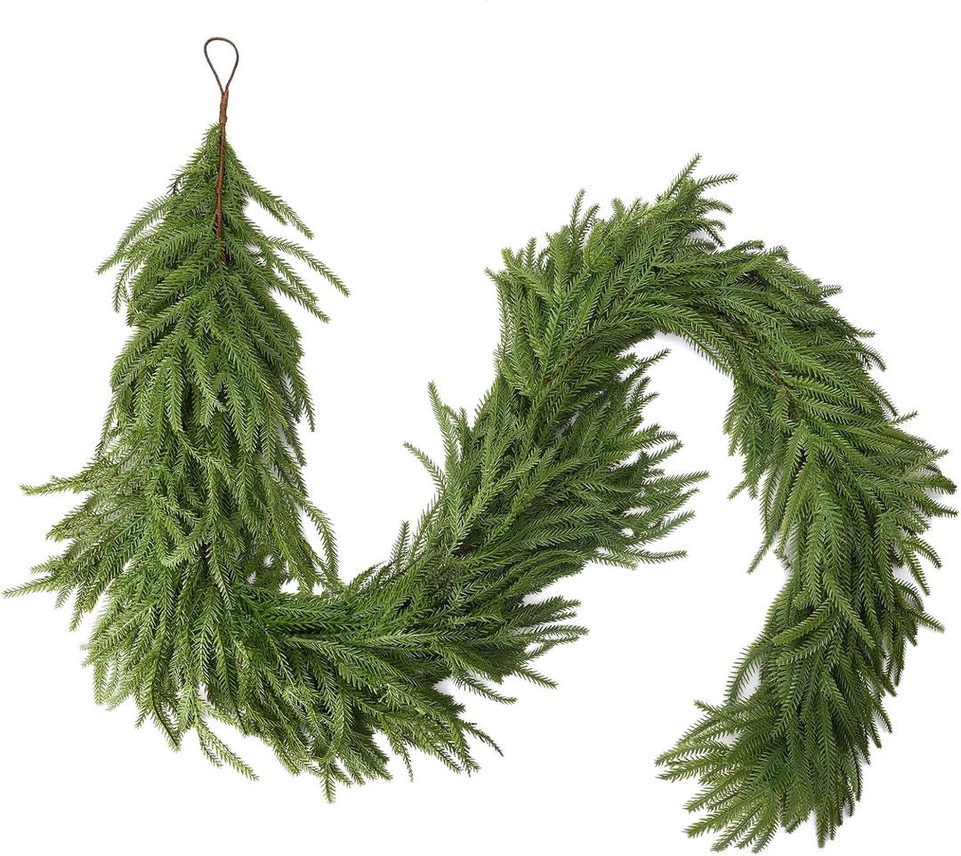 Extra Full Norfolk Pine Cedar Garland, 6FT Heavyweight Artificial Christmas Garland with 120 Tips, Real Touch Pine Garland for Mantel Table, Indoor Outdoor Holiday Decoration
