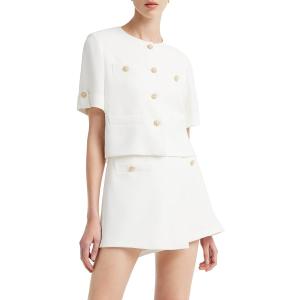 Women's 2 Piece Suit Sets White Acetate Short Sleeve Blazer Jacket and Skirt Shorts Business Casual Outfits (Large)