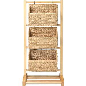 HOMESTEAD 3-Tier Wooden Shelf with Water Hyacinth Woven Baskets – Rattan Shelf Basket, Boho Room Decor, Wooden Book Shelf, Bathroom Storage Shelves, Kitchen, Laundry, Living Room (Natural)