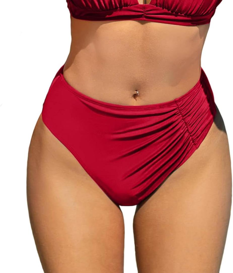 2 x YELAIVP Women's High Waisted Bikini Bottom Tummy Control Ruched Bathing Suit Bottom Full Coverage Swimsuit Bottoms, size M, L (Red)