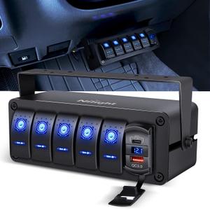 Nilight 5 Gang Rocker Switch Box 12V SPST ON Off Switches PD Type C and QC 3.0 USB Charger Voltmeter Waterproof Aluminum Panel DIY Stickers for Boats Cars RVs Trucks