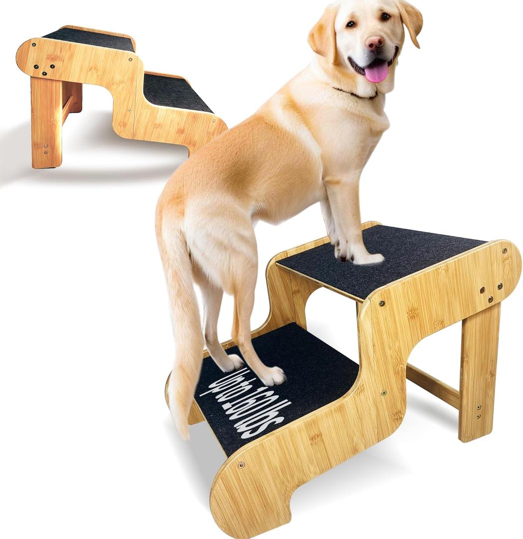 Dog Steps for Bed,Extra Wide Dog Stairs for Large Dogs2-Step Bamboo Pet Ramp for Large Senior/Older Dogs or Pet Up to 160 Pounds Get to Couch Or High Bed (H:16 inch)