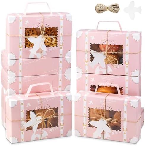 YODYZJ 20Pcs Treat Boxes with Window for Desserts, Candy & Cookies, Mini Suitcase Party Favor Box for Travel Theme Party Decor and Gift Giving,（Pink, 9 x 6 x 2.5 Inches ）