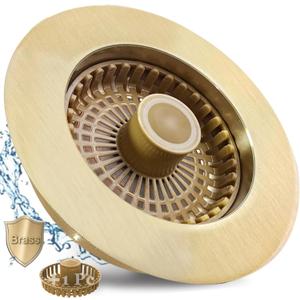 3 in 1 Kitchen Sink Stopper, Pop Up Kitchen Sink Drain Strainer, with an Extra Basket Strainer, Kitchen Sink Drain Stopper for US Standard 3-1/2 Inch, Brass Material Electroplate Gold