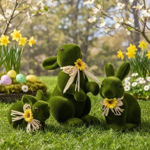 Lanpn 3PCS Flocked Bunny Easter Decorations, Multi-Posed Moss Green Rabbit Figurines for Easter Centerpieces, Spring Tabletop & Shelf Decor, Seasonal Gift (Moss Green)