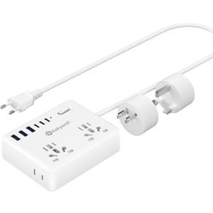 Universal Travel Adapter, Kakyanill European Travel Plug Adapter, EU/UK/AU/Plug Adapter, 4 AC Outlets, 6 USB Ports (3 USB C), 5ft Flat Extension Cord, Compact for Travel