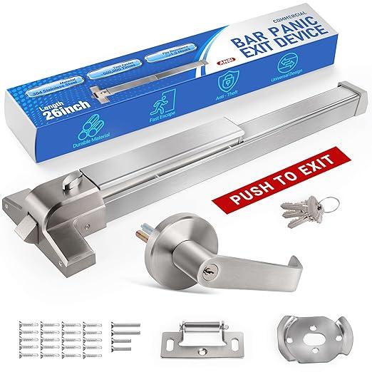 Commercial Door Push Panic Bar, SS304 Panic Bars with Exterior Lever Handle, 26’’ Exit Device with 3 Keys for Emergency Exit, Suitable for Metal, Wood, and Left/Right Handed Doors