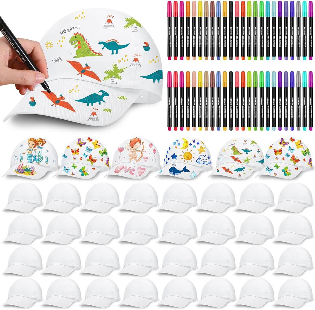 Decorate Your Own White Baseball Cap Bulk for Kid DIY Adjustable Baseball Hat with 24 Color Fabric Markers