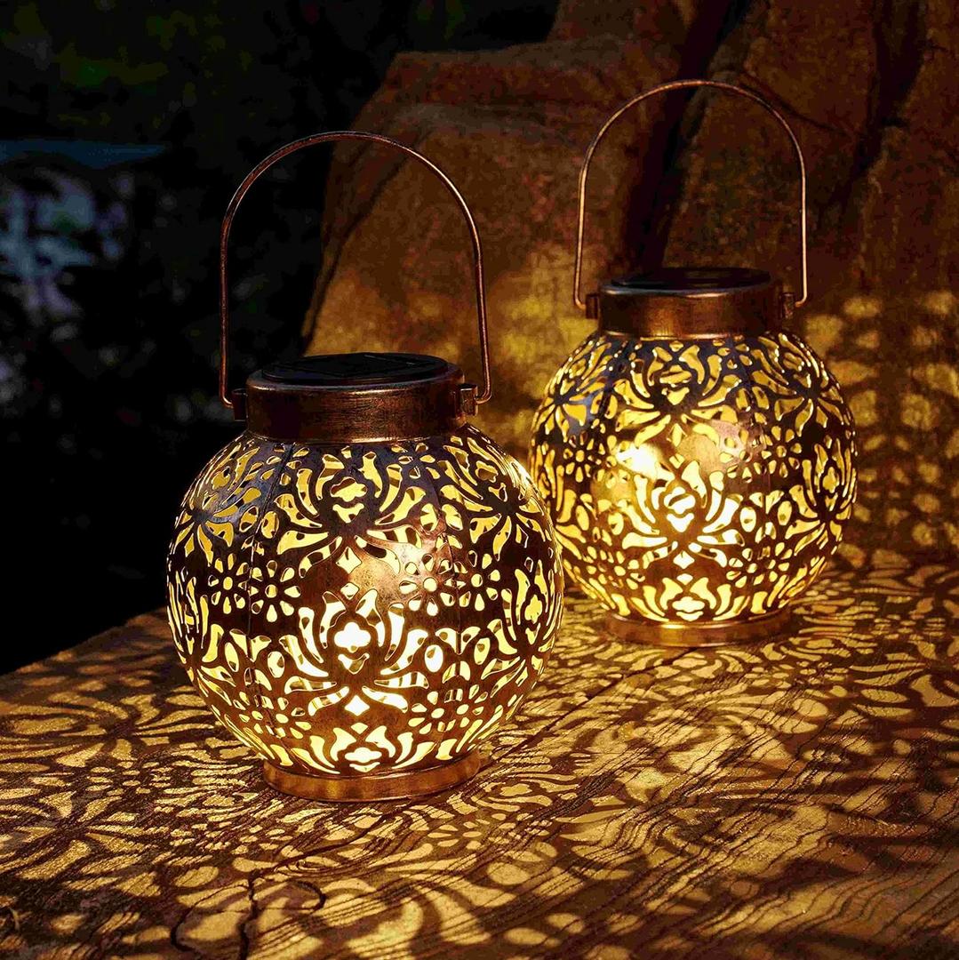Set of 2 Solar Lanterns Outdoor Hanging Decorative Lights for Garden Patio Porch Decorations (Bronze)