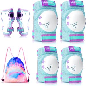 Knee Pads for Kids - ZOOBLISS Toddler Knee and Elbow Pads Set Wrist Guards for Skating Girls Aged 3-12, Kids Protective Gear for Roller Skates Skateboard Bike Scooter, Included Drawstring Bag(Rainbow) (Medium, Mermaid Cyan)