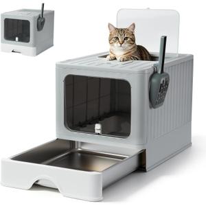 Covered Enclosed Stainless Steel Cat Litter Box,Top Lid with Door(Dog Proof Cat Litter Box),Includes Litter Scoop, Odorless Design, Large Capacity Suitable for Kitten,Medium Cats