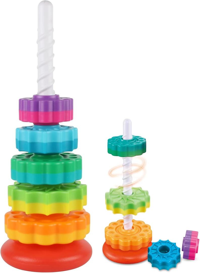 JUXUE Baby Spinning Stacking Toys for Toddlers 1-3, Rainbow Ring Stacker Montessori Toys for Babies 6-12 Months, 1 2 3 One Year Old Girl Boy Christmas Birthday Gifts, Autism Sensory Learning Toy