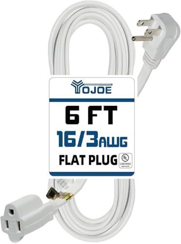 YOJOE Indoor Extension Cord, 3 Prong Grounded 13A Power Cord, 16 Gauge Heavy Duty 6 ft White Flat Plug Extension Cord for Home, Office, 16/3 SPT-3 UL Listed