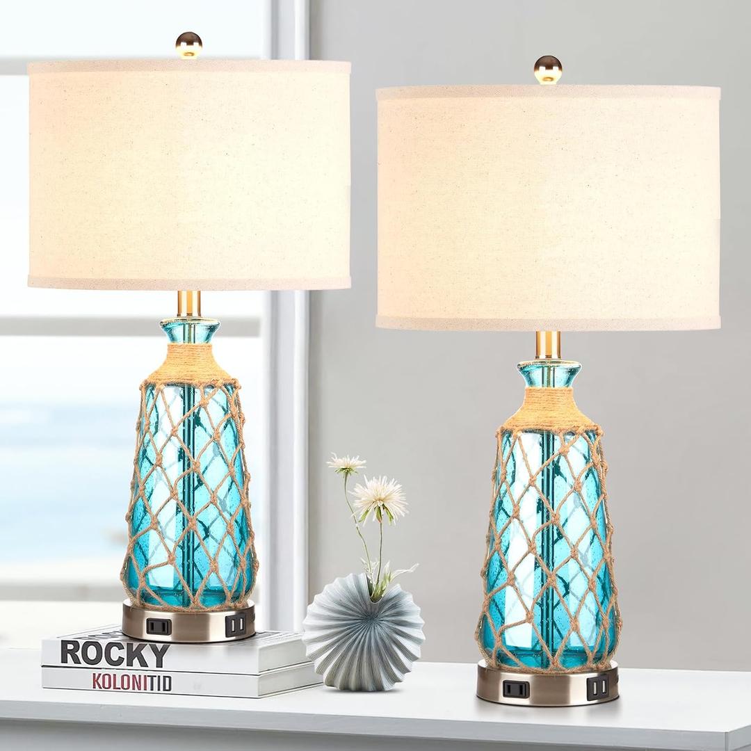 Ruzectt 25.5" Coastal Glass Table Lamps Set of 2, 3-Way Dimmable Touch Control Bedside Lamps with 2 USB Ports and AC Outlet, Blue Nautical Nightstand Lamps for Bedroom Living Room (LED Bulbs Included), Teal