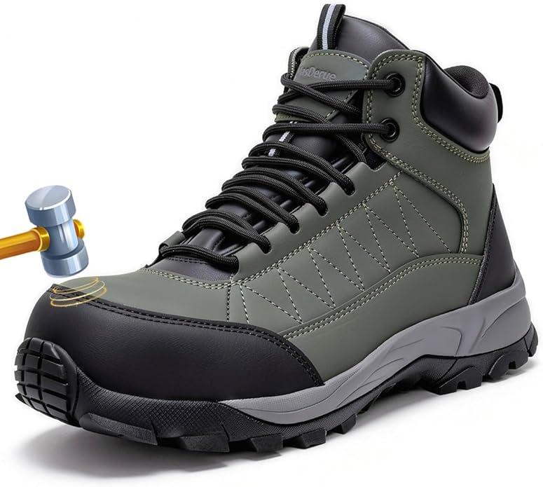 Masderue Work Boots for Men Steel Toe Waterproof Non Slip Work Shoes for Men Composite Toe Shoes Industrial Construction Green US 8M