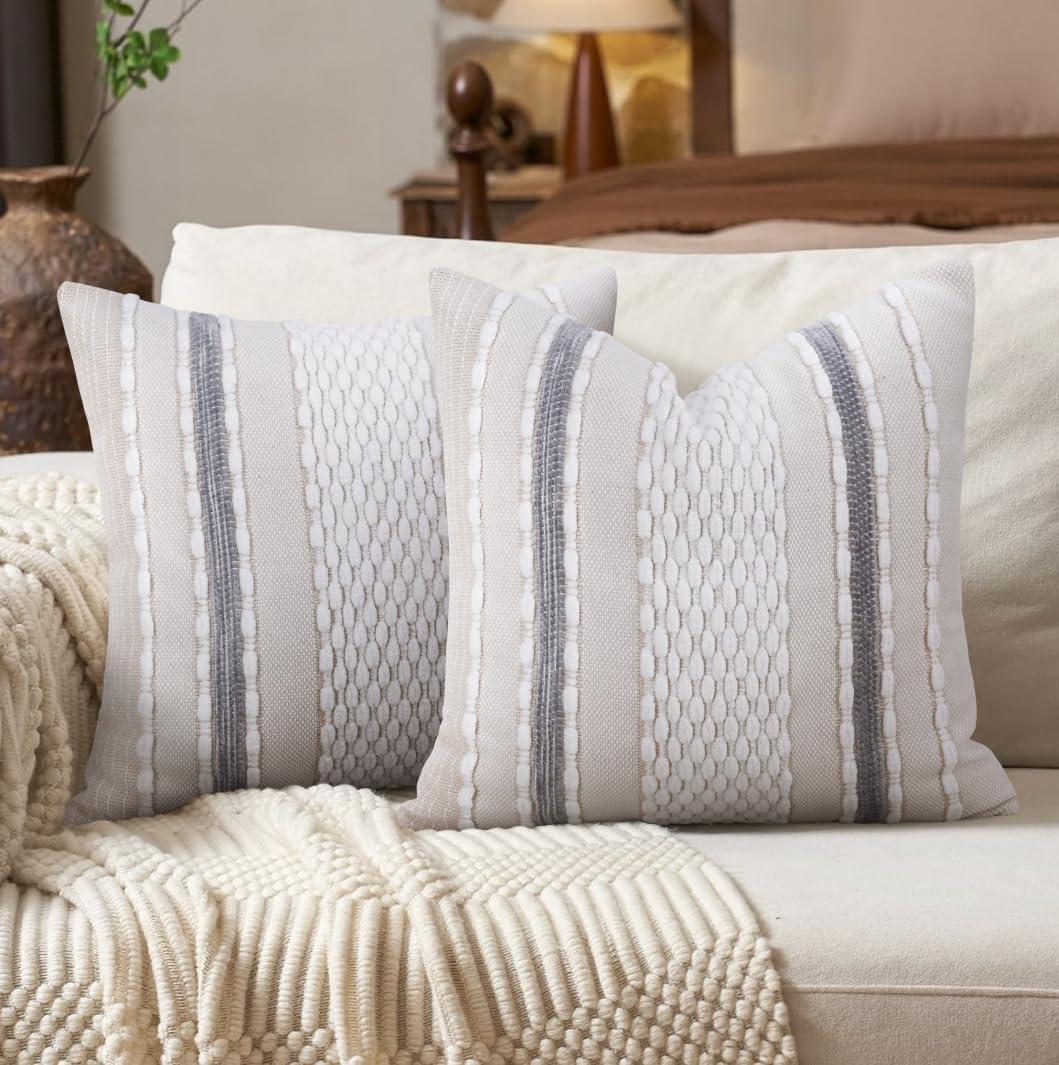 Boho Neutral Throw Pillow Covers Set of 2, 18x18 Inch Farmhouse Striped Cotton Chenille Decorative Pillow Covers for Couch, Sofa, Living Room (White & Grey)