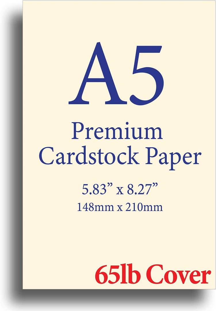 Premium A5 (8.3"x 5.83") Cardstock - 65lb Cover (176 gsm) Cream (100 Sheets) Premium A5 (8.3"x 5.83") Cardstock - 65lb Cover (176 gsm) Cream (100 Sheets)