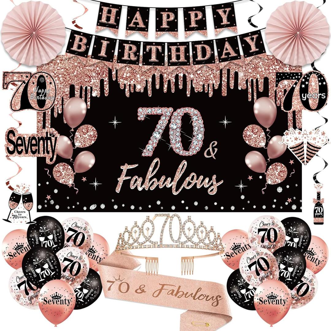 70th Birthday Decorations for Women: 33pcs Kit with Crown, Sash, Banner, Backdrop, Balloons, Swirls & Fans in Rose Gold & Black