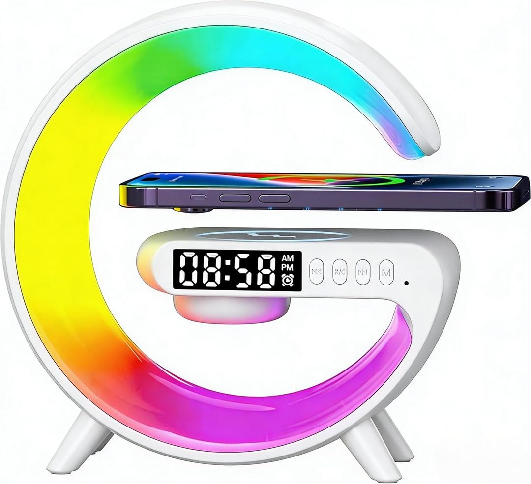 Mini Wireless Speaker with Bluetooth Lamp, Atmosphere Lamp, Wireless Charging, Alarm Clock,Smart LED Table Lamp, Night Light, Birthday Gifts for Girls Boys Party Aged 4-12 (White)