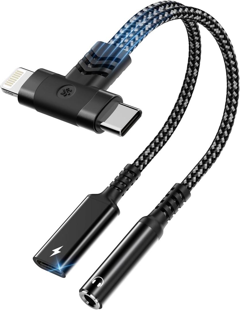 2 in 1 Lightning+USB C to 3.5mm Headphone Jack and Charger Adapter for iPhone, PD 60W Hi-Res 32Bit/384KHz Aux Audio Headphone Splitter Cable Adapter for iPhone 16 15 14 13 12 11 XR/iPad/iPad/Samsung