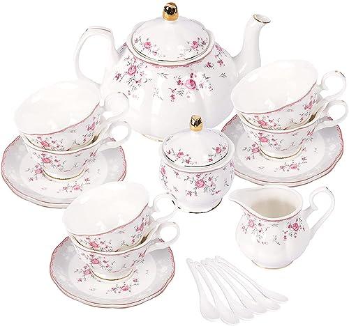 fanquare Vintage Porcelain Tea Set for Women Tea Party, Cup and Saucer Set for 6, Wedding Floral Teapot Set for Adults, Pink Rose two of them is broken