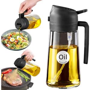 YARRAMATE 16oz/470ml Glass Olive Oil Sprayer for Cooking with Stickers, 2 in 1 Oil Dispenser for Kitchen Gadgets, Food Grade Premium Spray Bottle with Portion Control for Salad, Frying, BBQ (Black)