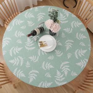 Round Vinyl Fitted Tablecloth, Waterproof Elastic Table Covers Wipeable Flannel Backed Tablecloths for Picnic Camping Indoor and Outdoor (Leaf,Green, Fits 57" to 65" Diameter Tables)