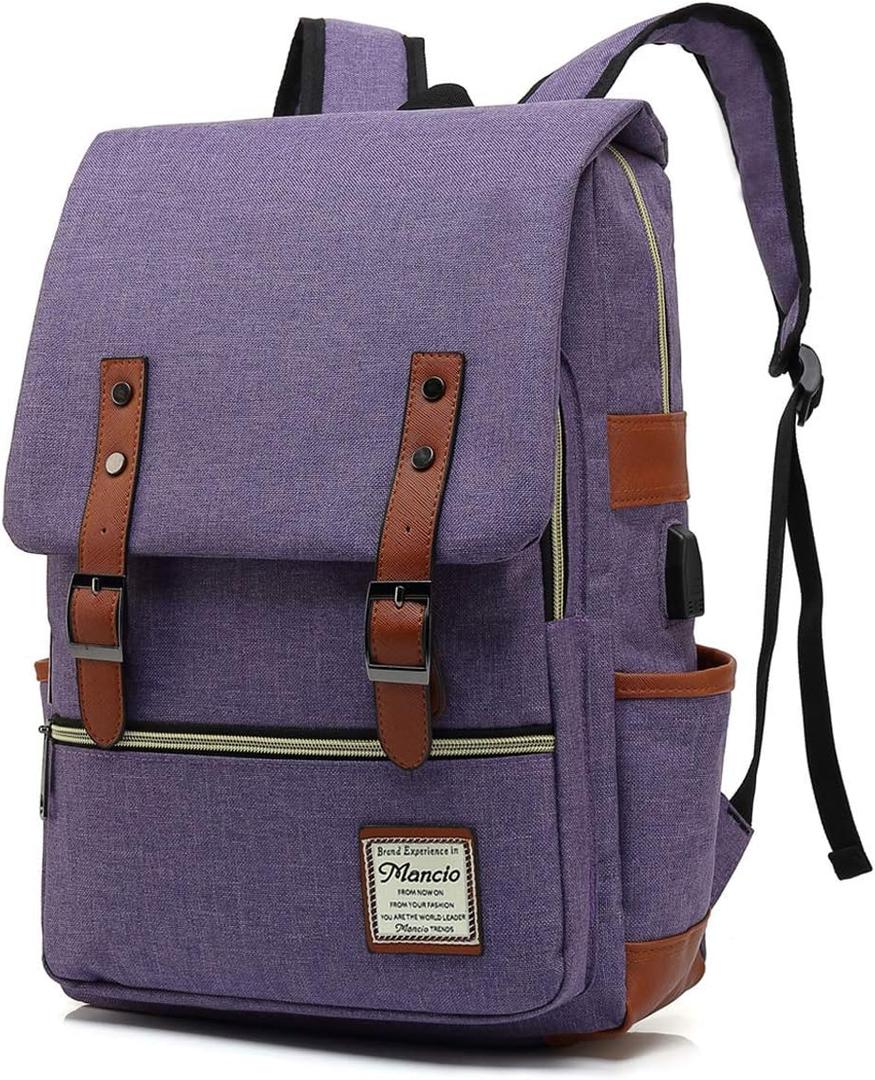 Mancio with USB Charging Port, Elegant Water Resistant Travelling Backpack Casual Daypacks College Shoulder Bag for Men Women, Fits up to 15.6Inch Laptop,Purple