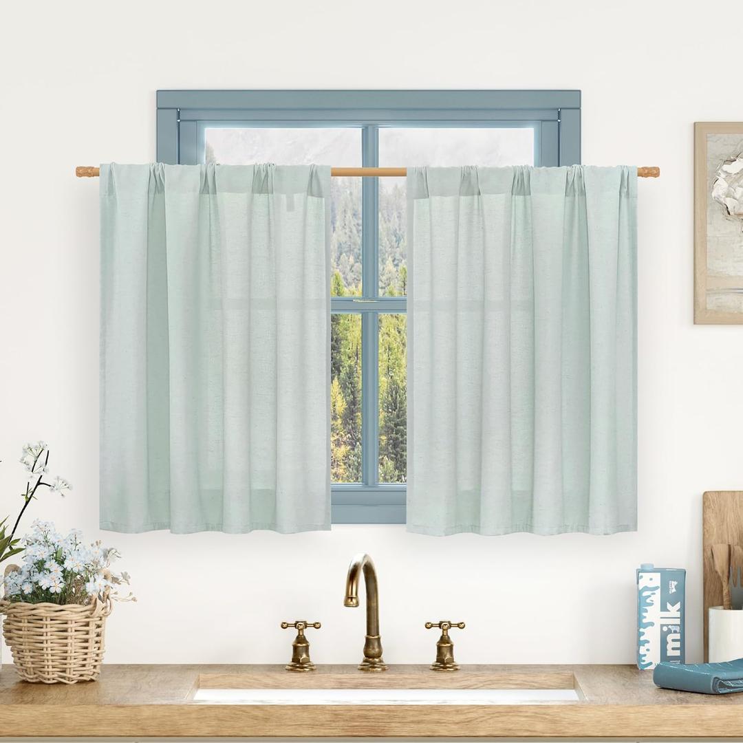 LAMIT Linen Curtains 30 Inch Length 2 Panels for Kitchen/Cafe, Light Filtering Linen Textured Panels Rod Pocket Boho Short Camper Drapes for RV Basement/Small Windows, 42 x 30 Inch, Light Blue