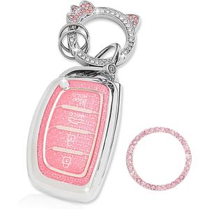 Key Fob Cover with Bling Cute Cat Clip Keychain& Push to Start Button Ring, Car Key Shell Compatible with Hyundai Elantra Ioniq Sonata Tucson Elantra GT Smart Key for Women, Pink-4 Buttons