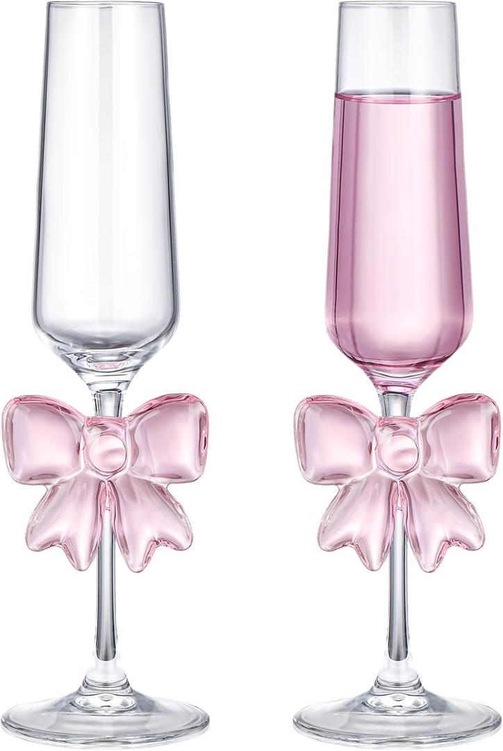 2 Pcs Cute Pink Bow Glass Cups 8oz Coquette Champagne Fashioned Glasses Clear Reinforced Stems and Romantic Pink Bow for Weddings Engagements Party Gifts(Flat Bottom)(Cute Feet)