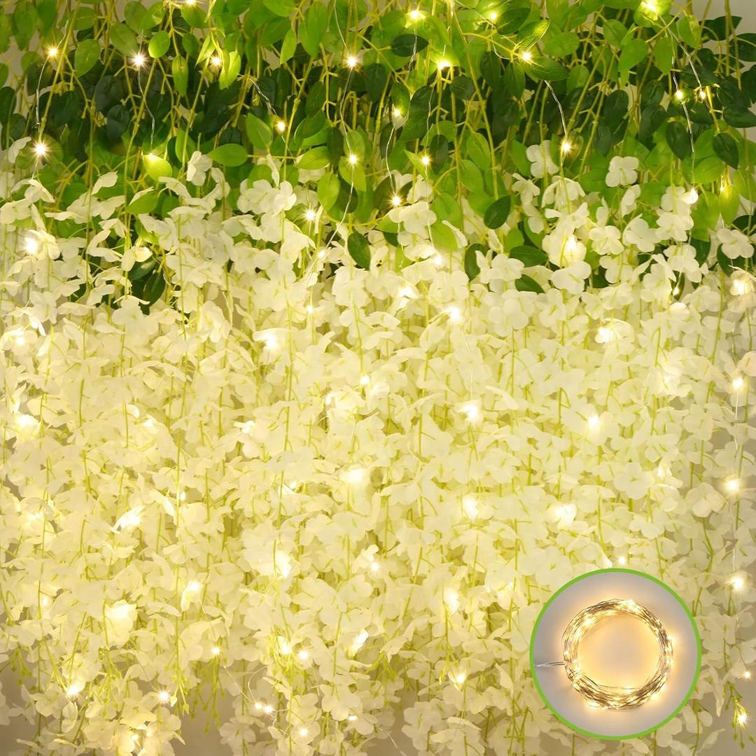 12Pcs Artificial Wisteria Hanging Flowers with Lights, 3.6Ft/Pcs White Fake Wisteria Garland for Wedding Party Home Garden Indoor Outdoor Decoration