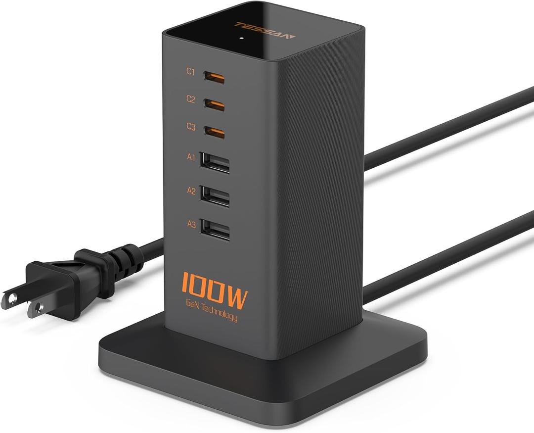 USB C Charger Blcok PD 100W, TESSAN 6-in-1 Charging Station for Multiple Devices, Desktop Tower Charger with 6 USB Ports for iPhone 16/15, MacBook, Tablet, Office Home Dorm Room Accessories (5 Feet(100W without AC), Black)