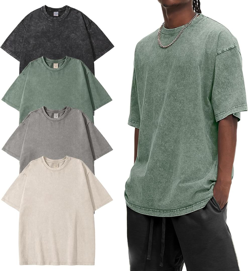Eisctnd 4 Pack Men's Oversized T-Shirts Heavy Cotton Vintage Tee, Loose Fit Baggy Short Sleeve Casual Streetwear Unisex Tops (XX-Large, Black+beige+grey+green)