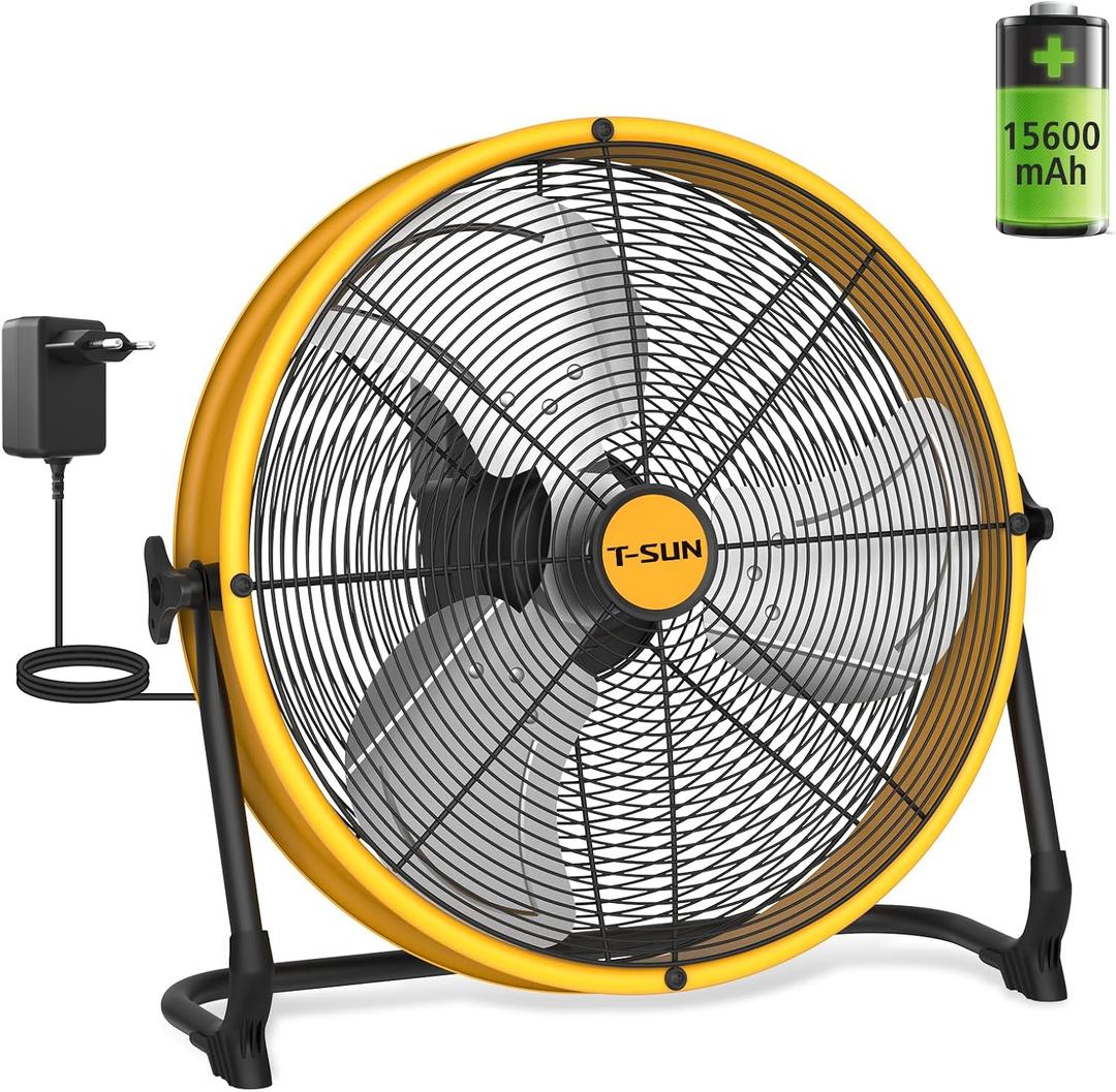 T-SUN 16 inch floor fan, quiet, rechargeable fan with 15600 mAh battery, portable floor fan with USB and type-C, continuous speed control, 30 hours run time for garages, camping, travel