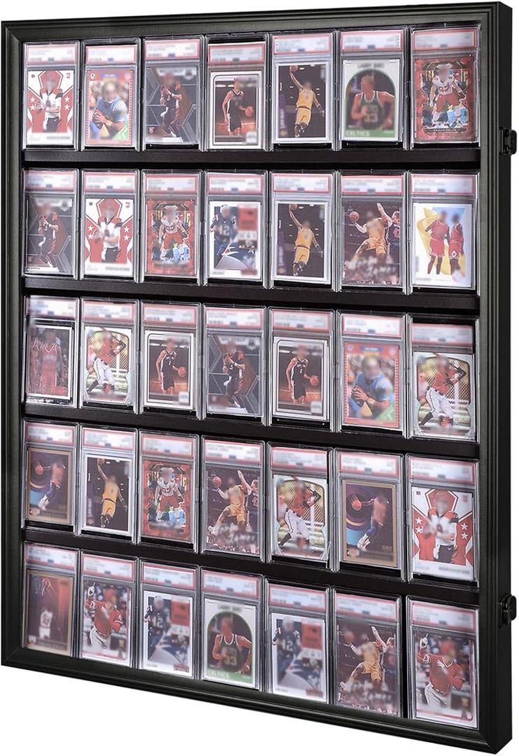 Baseball Card Display Case 35 Graded Sport Card Display Case Wall Mount with Clear View and UV Protection Acrylic Door for Baseball Football Basketball Hockey Trading Card Collection, Black
