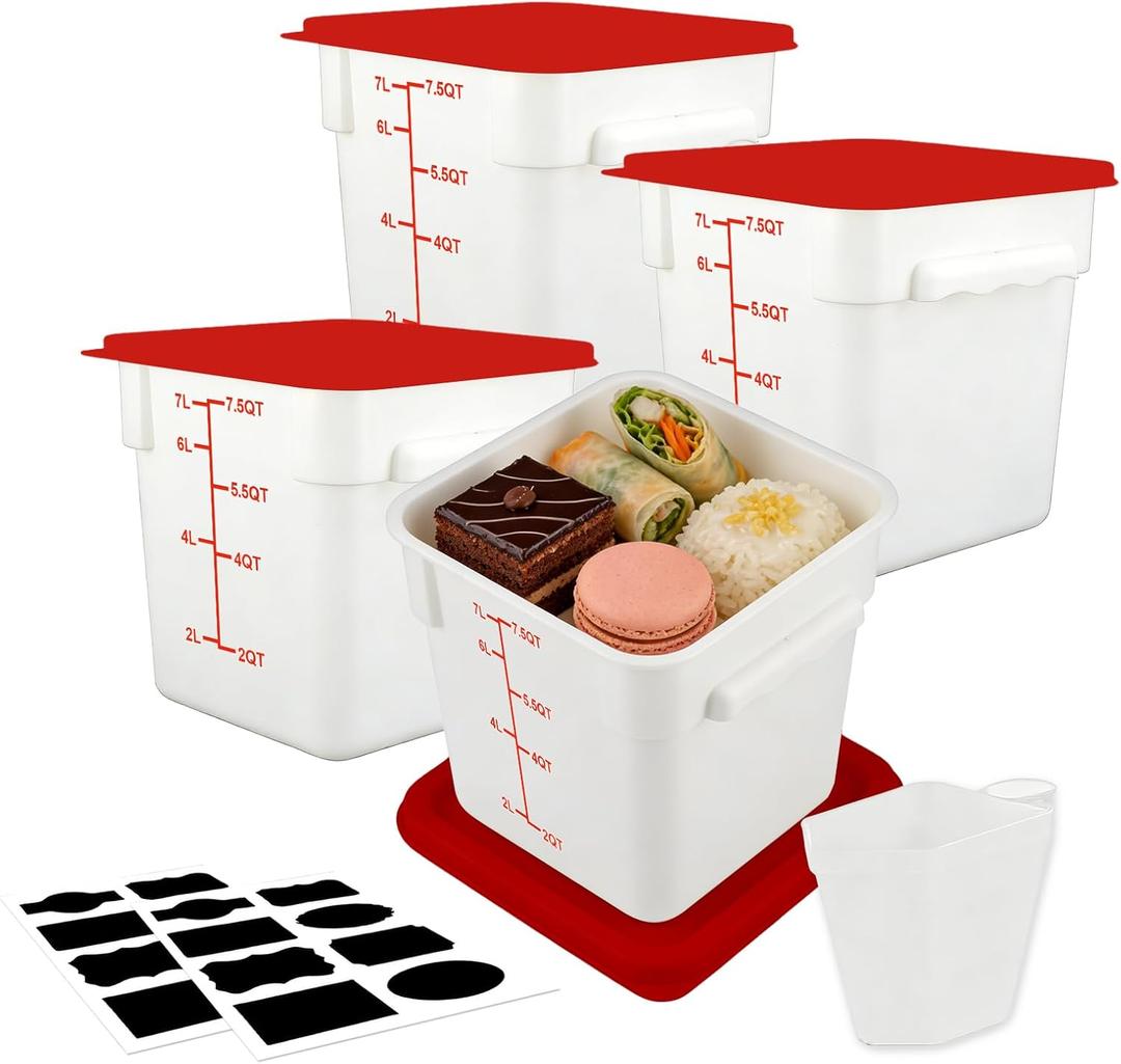 Square Food Containers with Lids 4-Pack, Commercial Grade Plastic Bins for Restaurant Kitchen Pantry Storage, Freezer & Dishwasher Safe (Red, 8QT-4PACK)