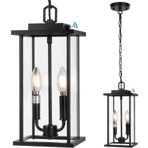 Large 16" Dusk to Dawn Outdoor Pendant Light, Metal and Glass Hanging Light Mount, 2-Light Black Outdoor Chandelier, Waterproof Exterior Hanging Lantern for Front Porch Ceiling Light, 1-Pack