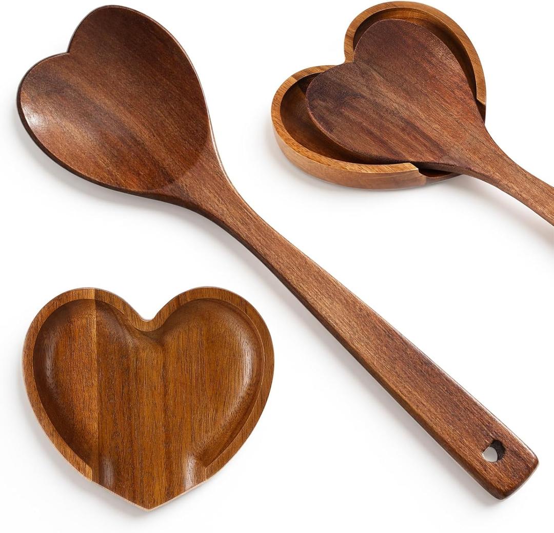 Baderke Heart Spoon Rest Set for Cooking Acacia Wood Spoon Set Mother's Day Gifts for Women Moms Heart Kitchen Accessories Housewarming Gifts