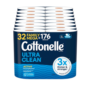 Cottonelle Ultra Clean Toilet Paper with Active CleaningRipples Texture, Strong Bath Tissue, 32 Family Mega Rolls = 176 Regular Rolls (8 Packs of 4)