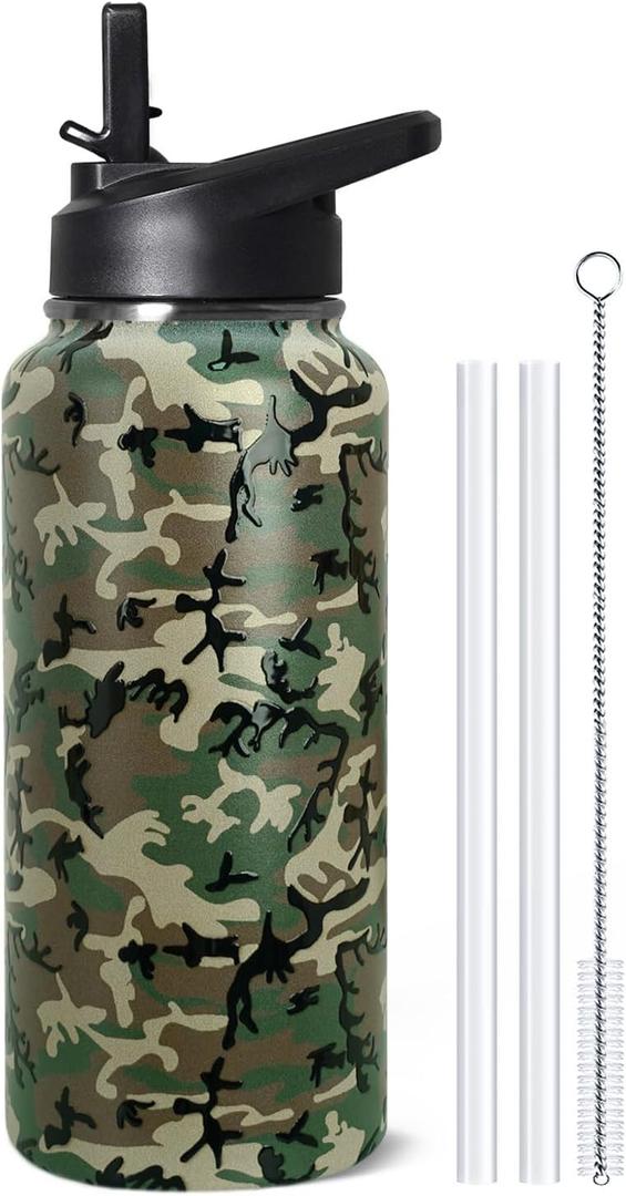 32oz Camo Insulated Aater Water Bottle with Straw Gym Hiking Sports Coffee Mug Cup Water Bottles Gifts for Women,Camo Decor Stuff Accessories