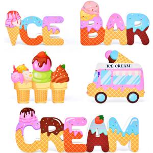 Ice Cream Wooden Table Decor Set of 5 Summer Party Dessert Theme Signs Sweet Treats Tiered Tray Kitchen Counter Birthday Decor