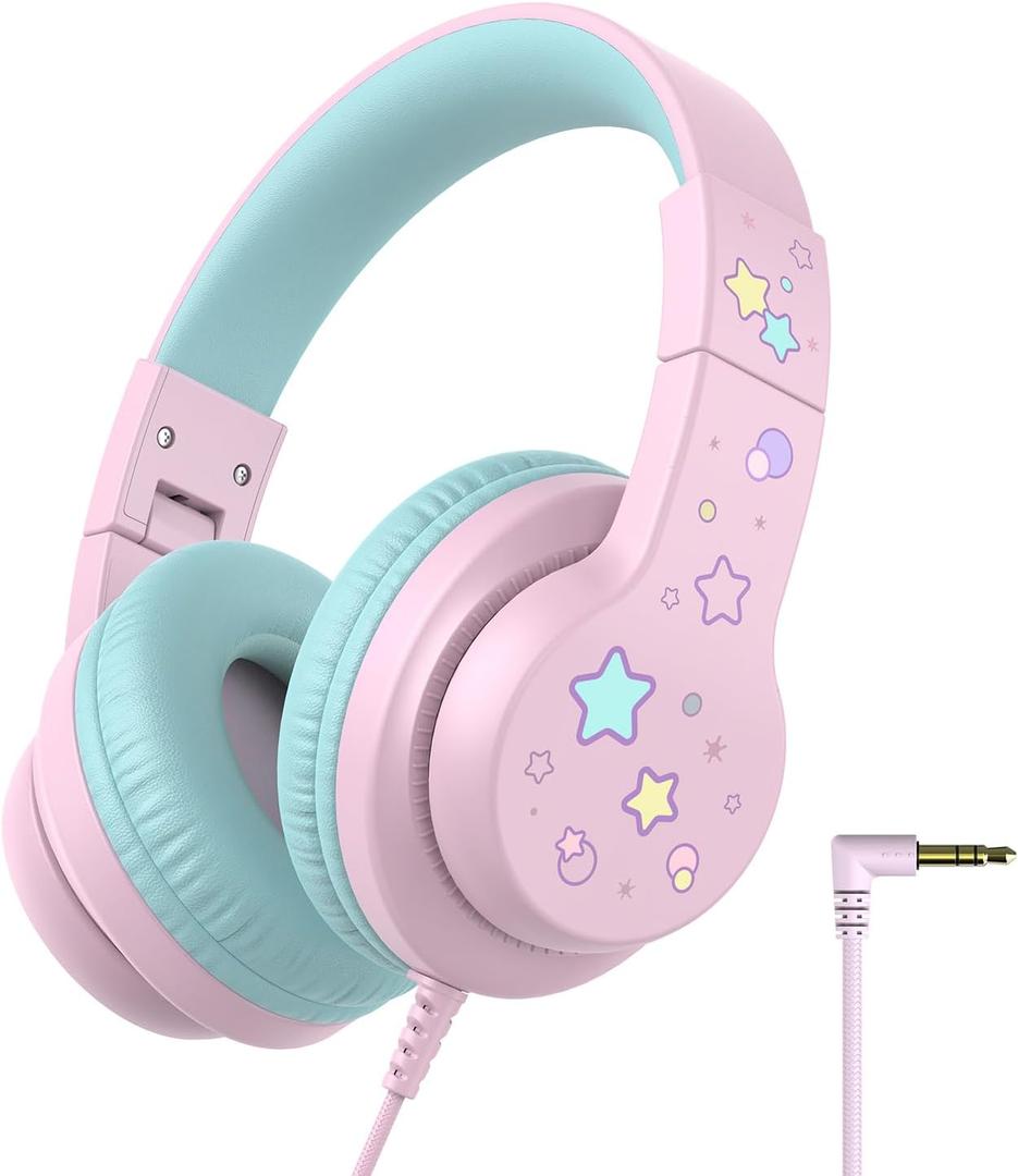 iClever Kids Headphones for School/Travel with Safe Volume 85dBA, HS19S Stereo Sound Over-Ear Girls Boys Headphones for Kids, Foldable 3.5mm Wired Headphone for iPad/Computer (A Pink Star)